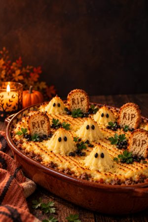 Menu d'Halloween en famille avec soupe de citrouille, hachis parmentier cimetière et brownie au potiron