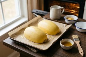 Moitiés de courge posées face contre la plaque avant le four
