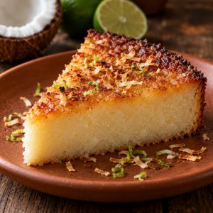 Part de gâteau manioc 974 montrant une mie ivoire, lisse et fondante