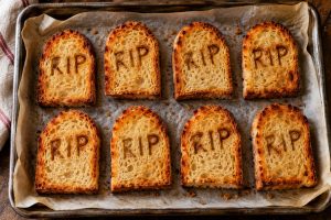 Pierres tombales en pain de campagne gravées RIP, toastées sur une plaque de four
