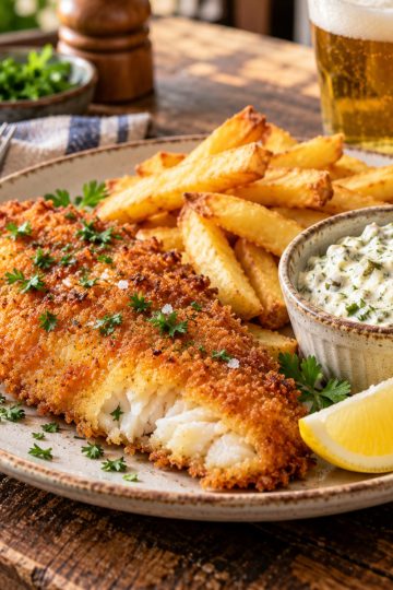 Poisson pané croustillant servi avec un ramequin de sauce tartare maison, quartier de citron et frites