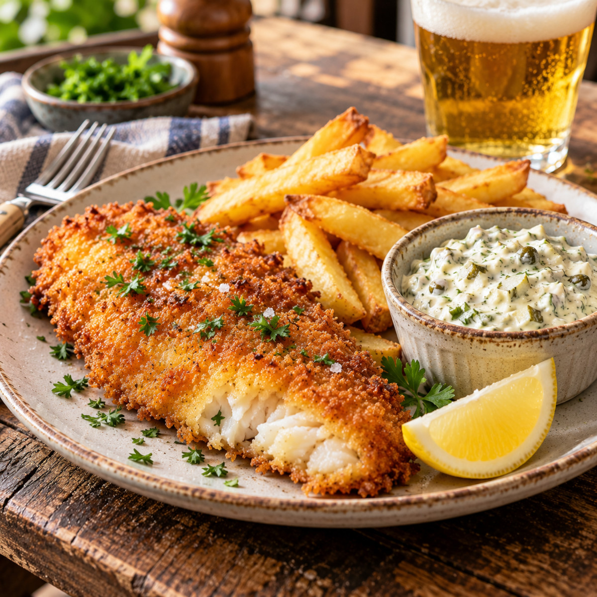 Poisson pané croustillant servi avec un ramequin de sauce tartare maison, quartier de citron et frites