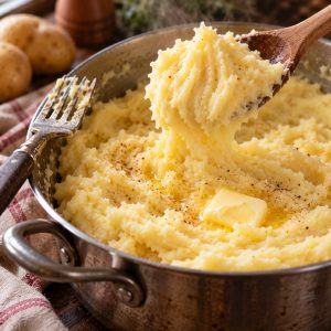 Purée de pommes de terre maison assez ferme pour tenir en pic sur une cuillère