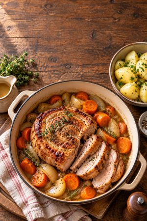 Rouelle de porc en cocotte-minute avec pommes de terre, recette familiale fondante