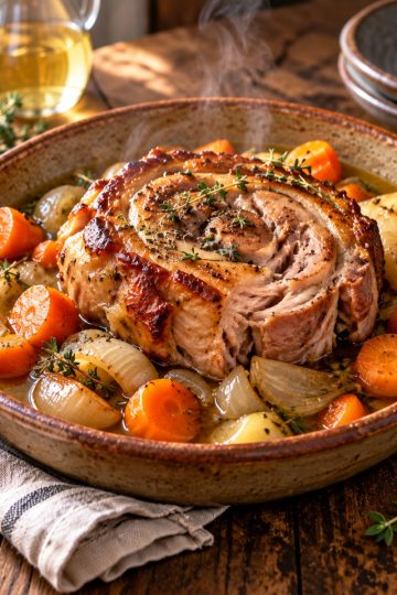 Rouelle de porc en cocotte-minute servie fondante avec carottes et oignons dans son jus