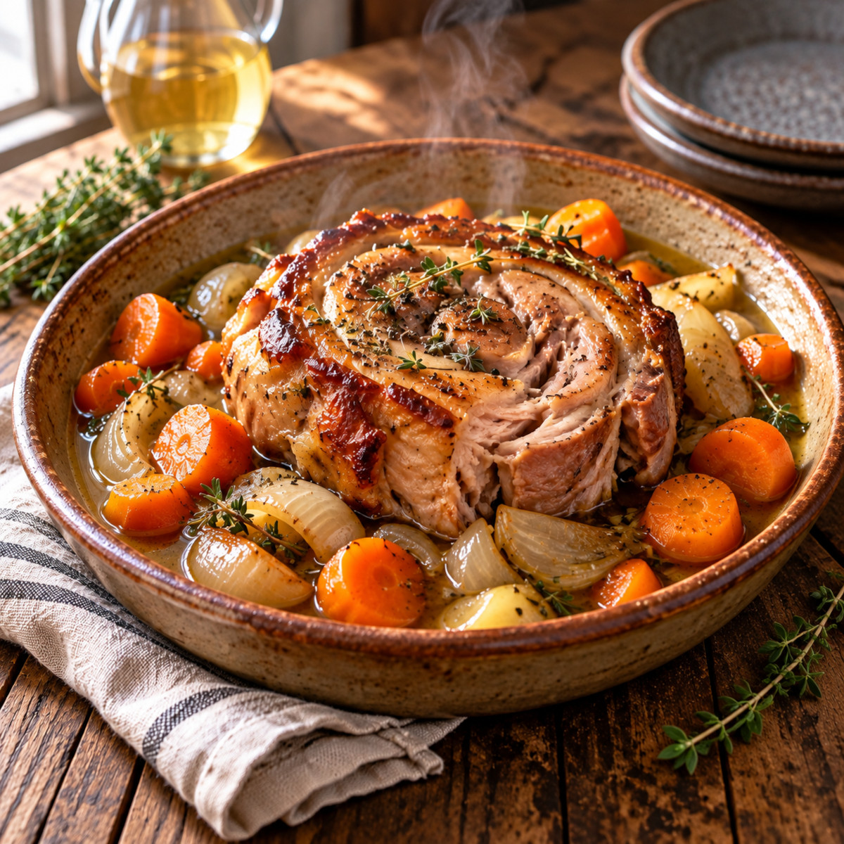 Rouelle de porc en cocotte-minute servie fondante avec carottes et oignons dans son jus