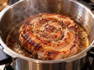 Rouelle de porc en train de roussir dans la cocotte-minute pour développer les sucs