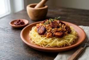 Rougail saucisses servi sur des filaments de courge spaghetti
