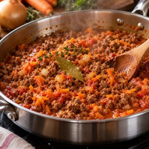 Viande hachée mijotée aux carottes dans une sauteuse, avant l'assemblage du hachis parmentier