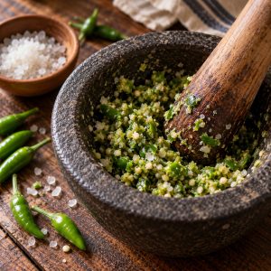 piment vert écrasé au pilon avec une pincée de sel