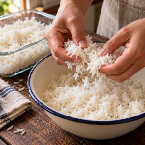 riz froid de la veille égrené à la main avant cuisson